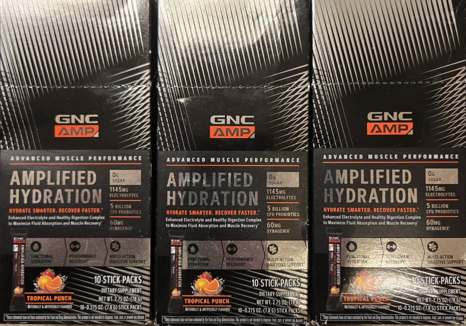 (3) GNC AMP AMPLIFIED HYDRATION 10 Pak X 3 (30 Serv) Tropical Punch BEST BY 5/26