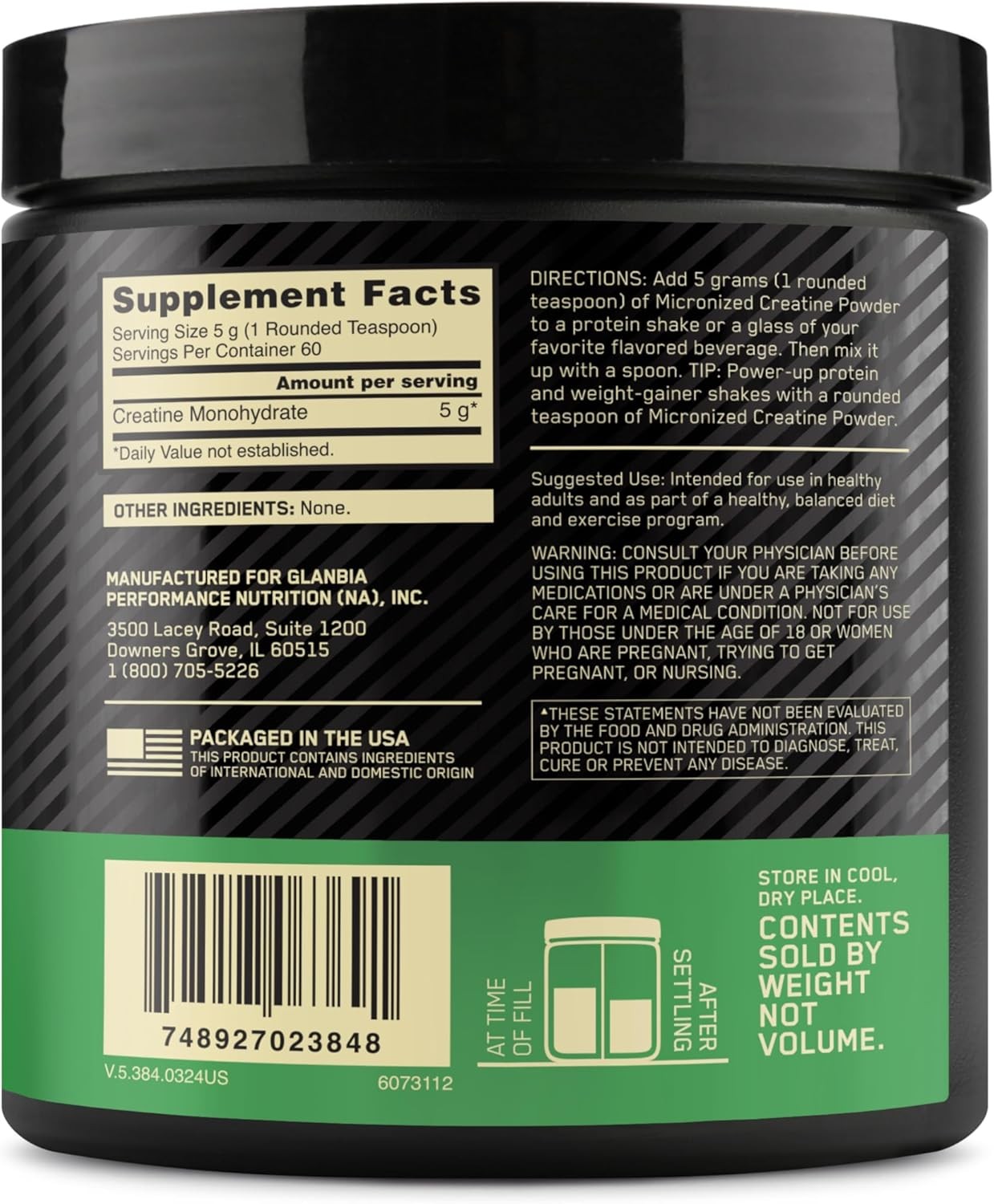 Optimum Nutrition Creatine Monohydrate Powder, Unflavored, 300g 60 Servings