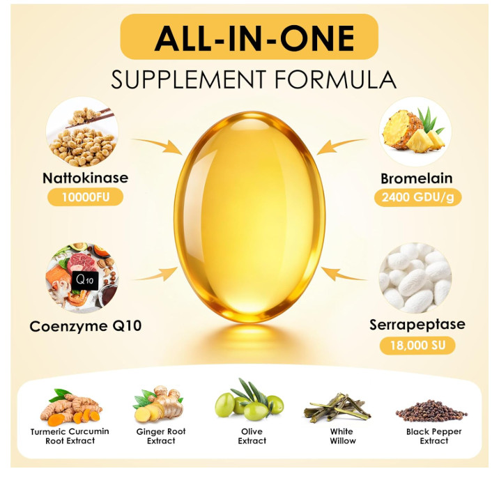 Nattokinase 10,000 FU 240gels Serrapeptase/Bromelain/CoQ10/Turmeric