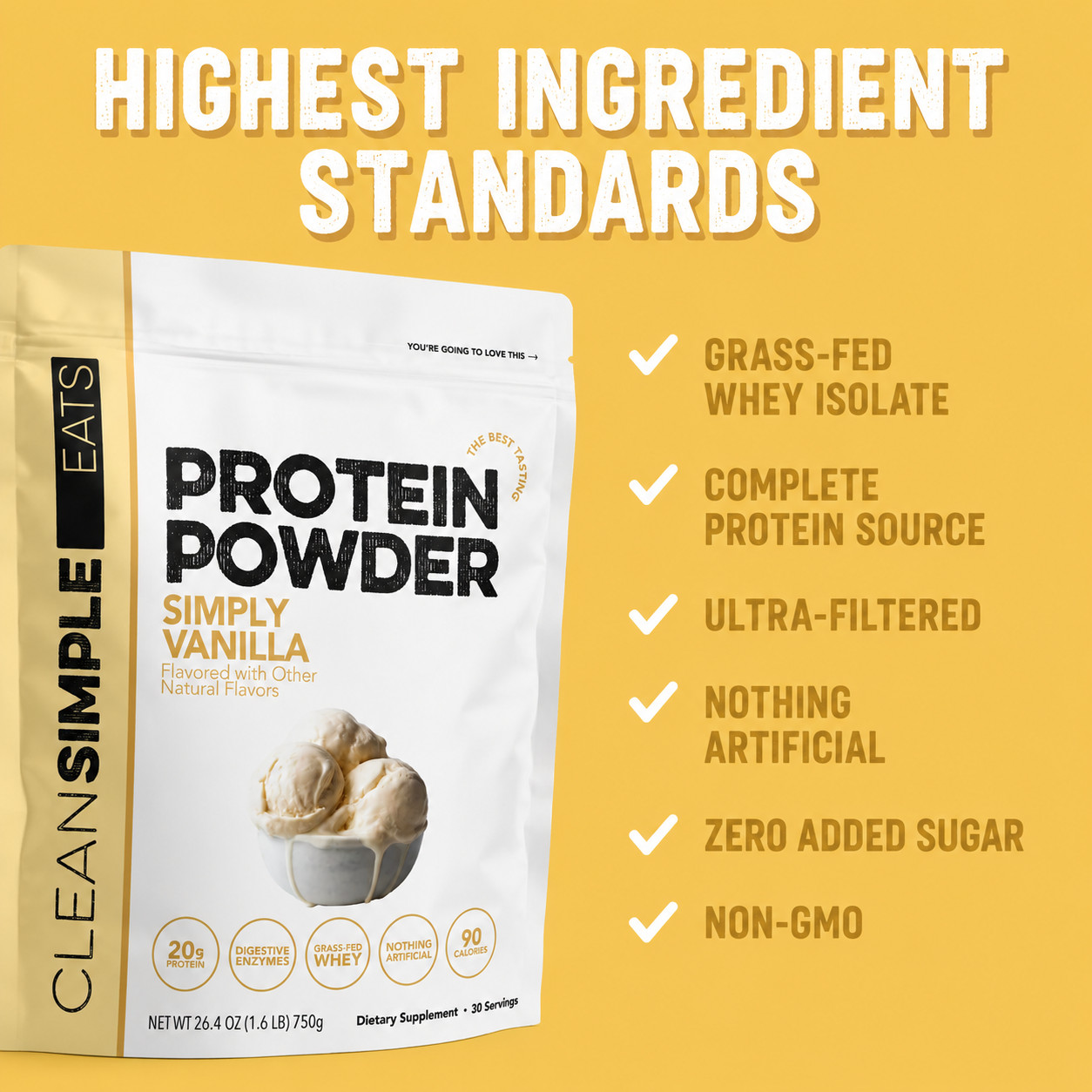 Clean Simple Eats Whey Protein Isolate Simply Vanilla 26.4oz Grass Fed 30 Serv