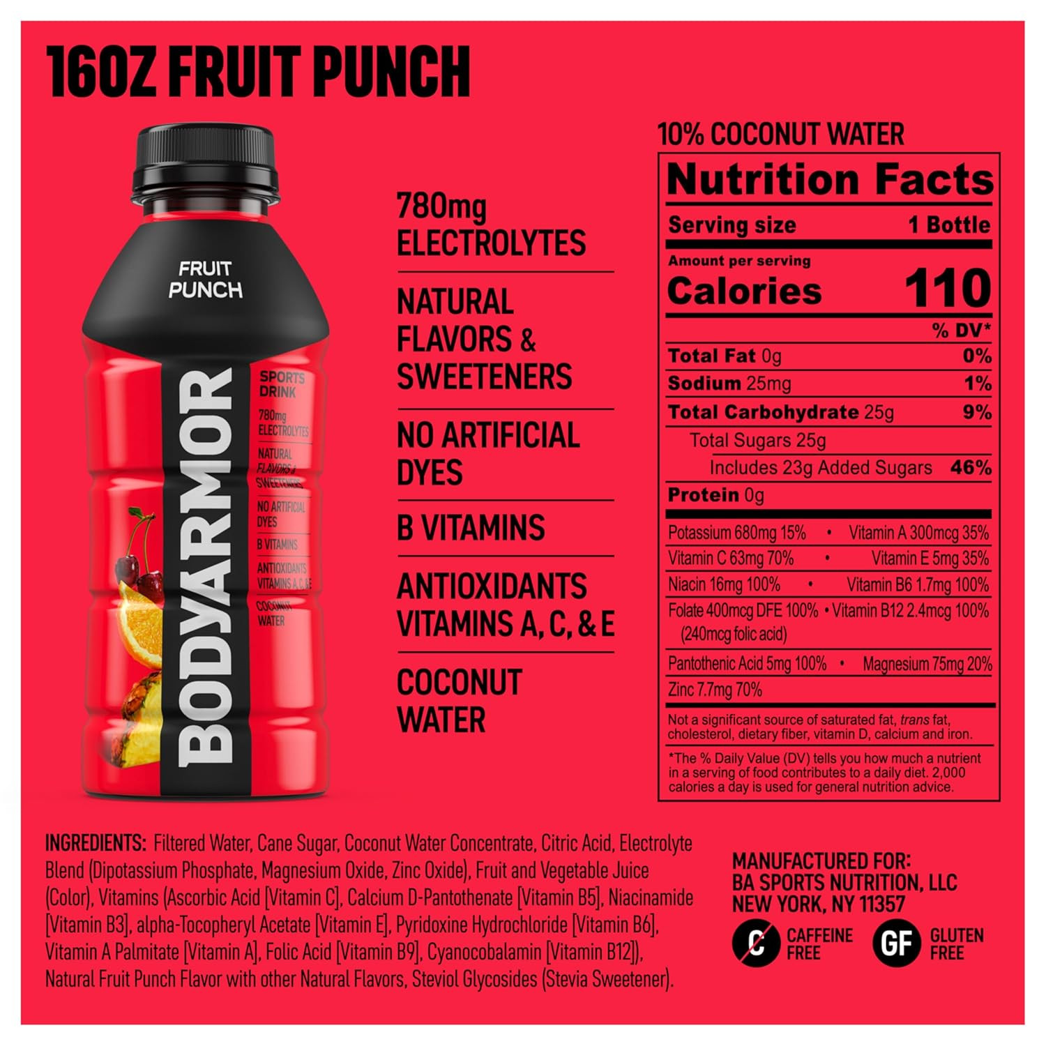 Sports Drink, Fruit Punch, Electrolyte Drink Hydration, 16 Fl Oz Bottles (12 Pac