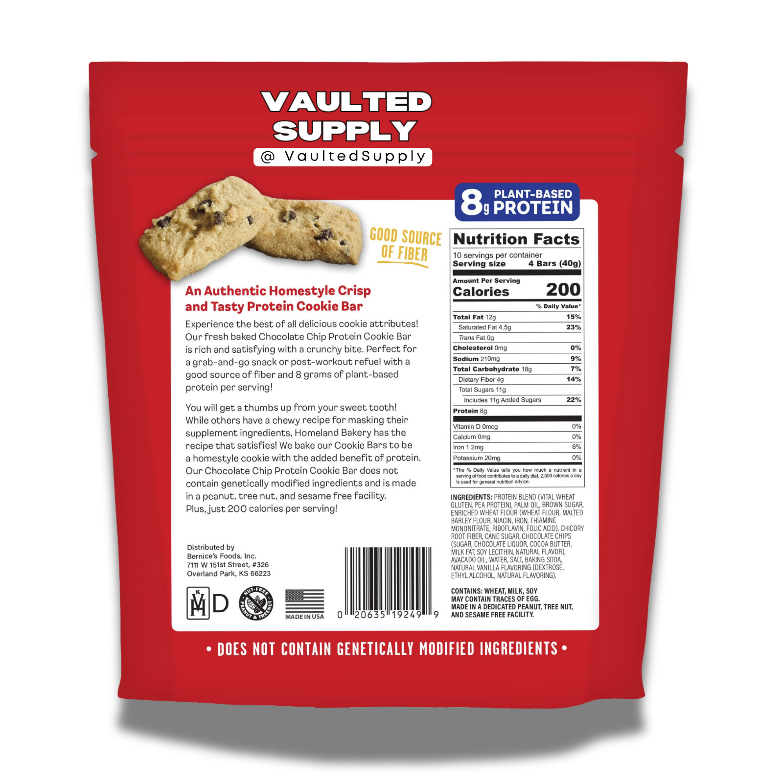 Homeland Protein Cookie Bars Chocolate Chip 2 Pack 8g Protein Snack Bars 14.1oz