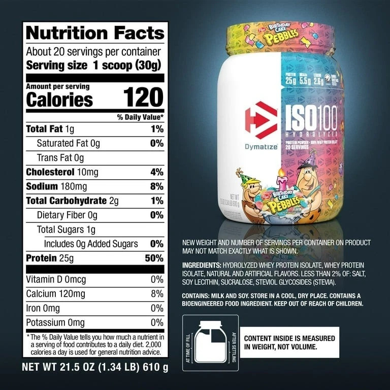 Dymatize ISO100 Hydrolyzed Whey Birthday Cake Pebbles 20 Servings 25g Protein