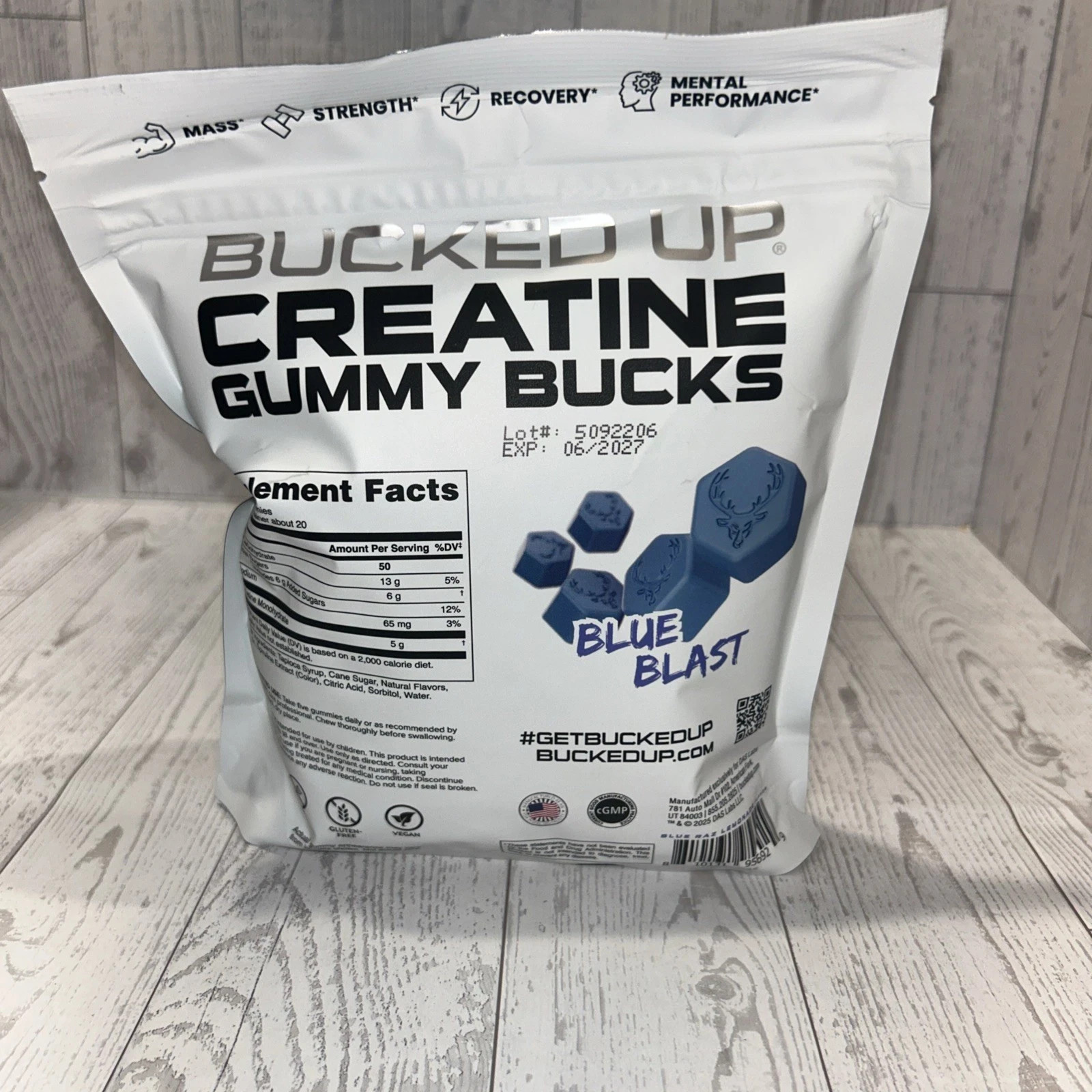 Bucked Up Creatine Gummies Blue Blast 20 Servings Exp 06/2027