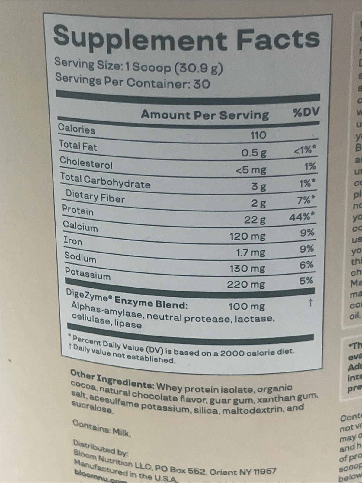 Bloom Nutrition Whey Isolate Protein Powder, Chocolate 30 Servings Exp 11/2026