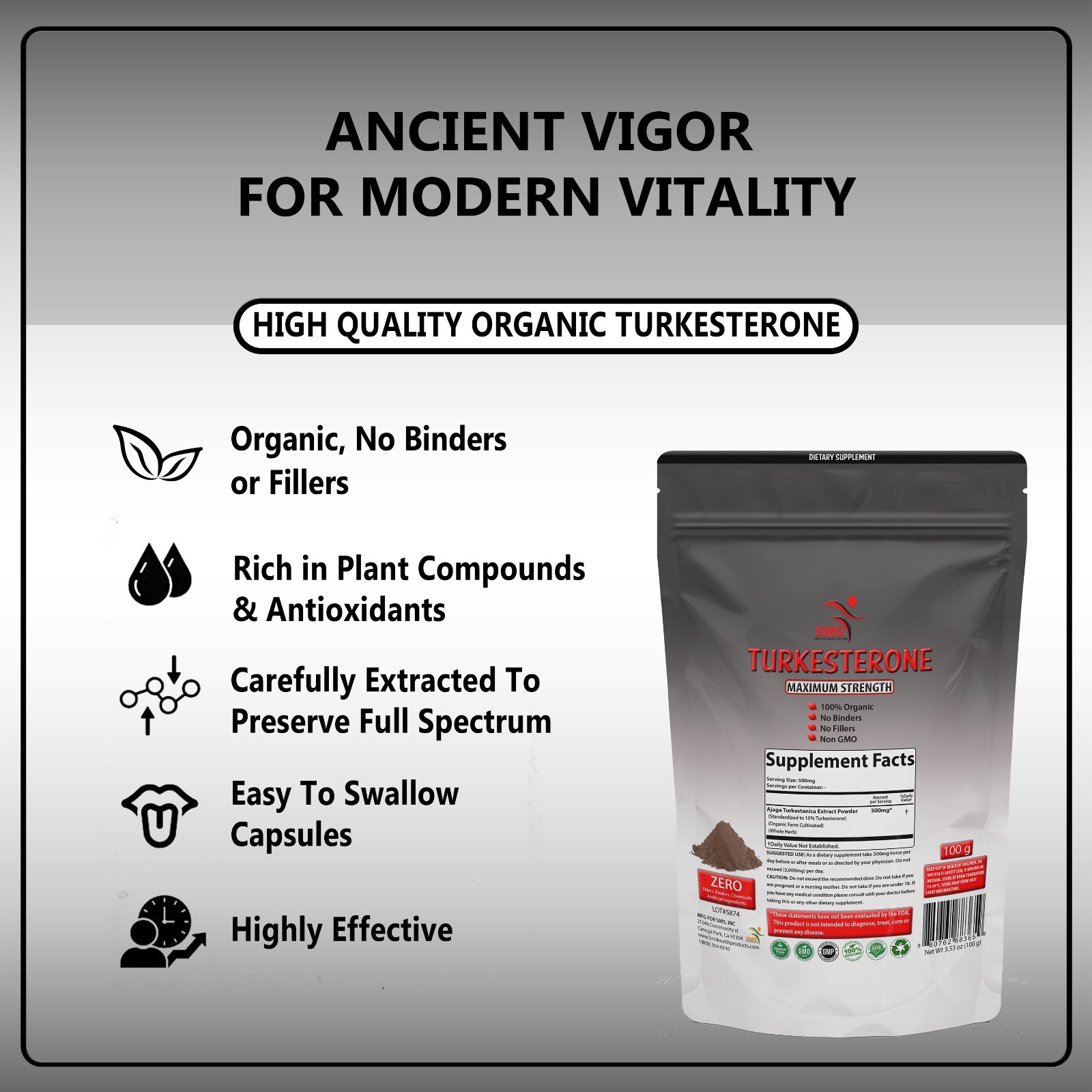 PURE AJUGA TURKESTANICA STRONG HIGH POTENCY DUAL EXTRACT 10% TURKESTERONE 100G