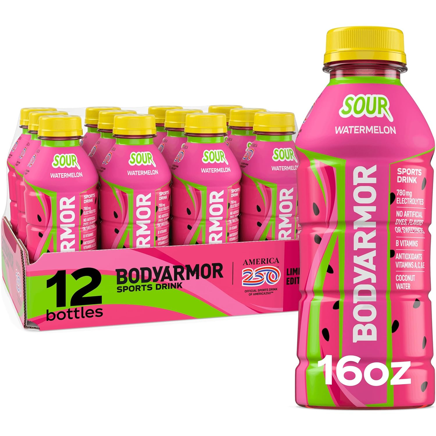 BODYARMOR Sports Drink, Sour Watermelon, 12-Pack of 16 Fl Oz Hydration Bottles