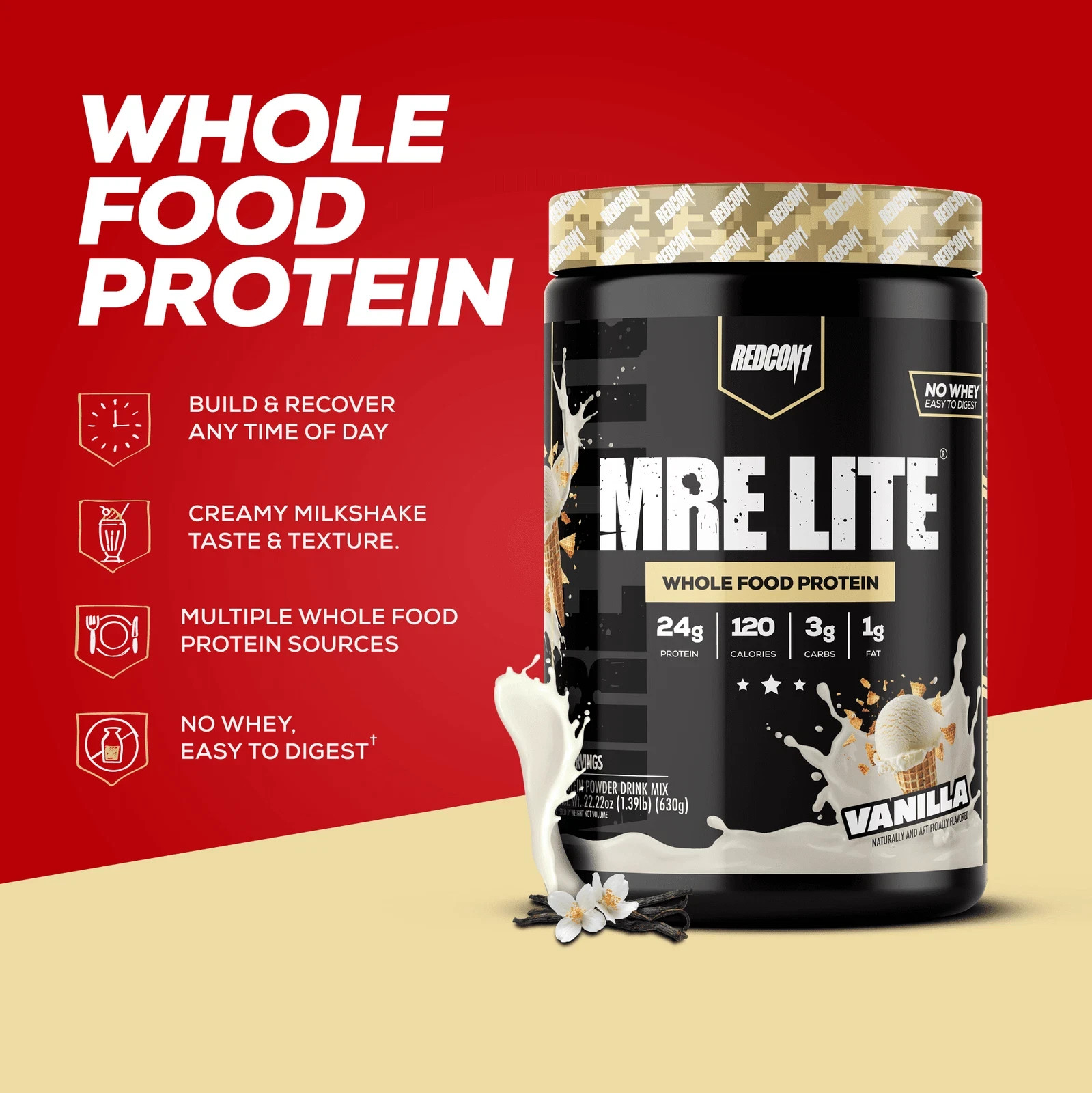 REDCON1 MRE Lite Whole Food Protein Powder, Vanilla Milkshake, Whey & Lactose