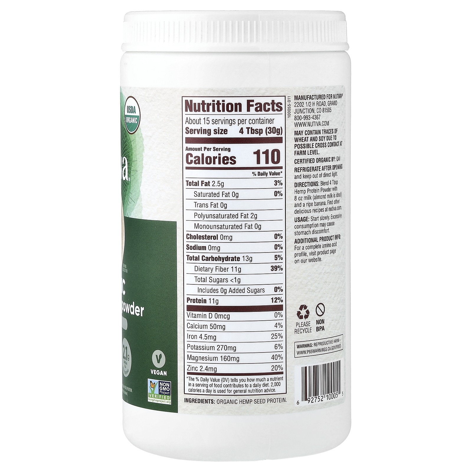 Nutiva Organic Superfood Hemp Protein Hi-Fiber 16 oz 454 g B Corp, BPA-Free,