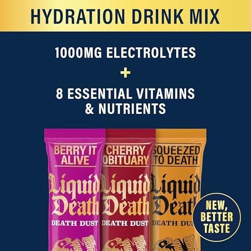 Liquid Death Electrolyte Death Dust, Berry It Alive, Cherry Obituary &