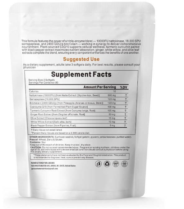 Nattokinase 10,000 FU 240gels Serrapeptase/Bromelain/CoQ10/Turmeric