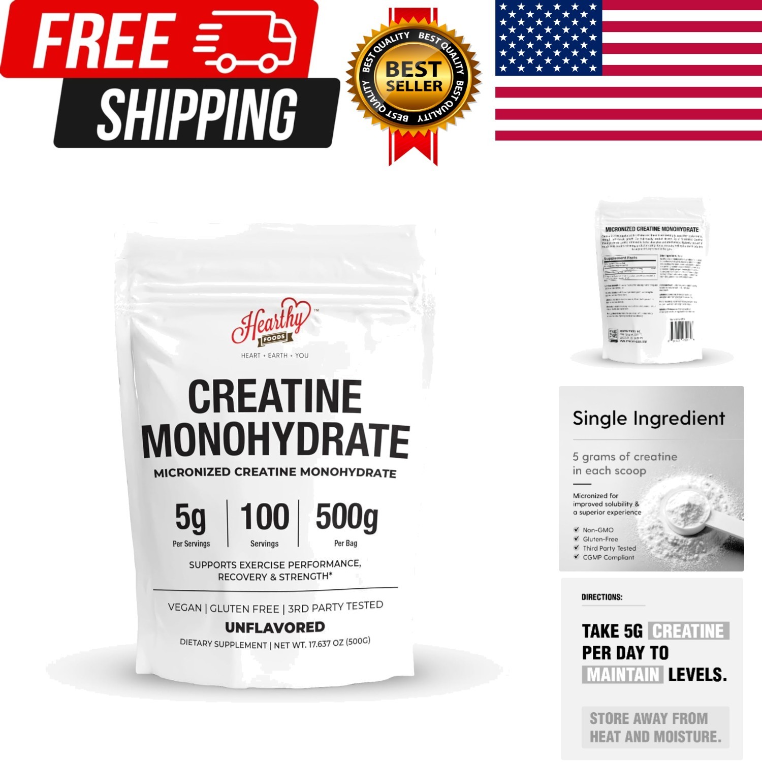 HEARTHY FOODS Creatine Monohydrate Micronized Powder 500G – 100 Servings, 5000mg