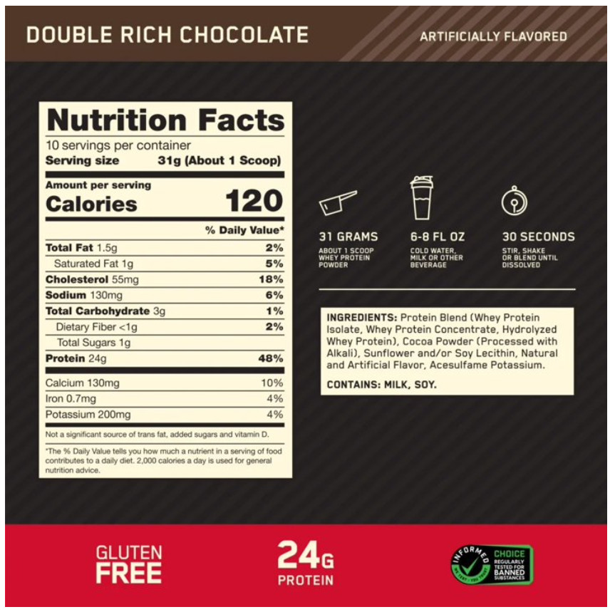 Optimum Nutrition Gold Standard 100% Whey Protein Powder, Double Rich Chocolate,