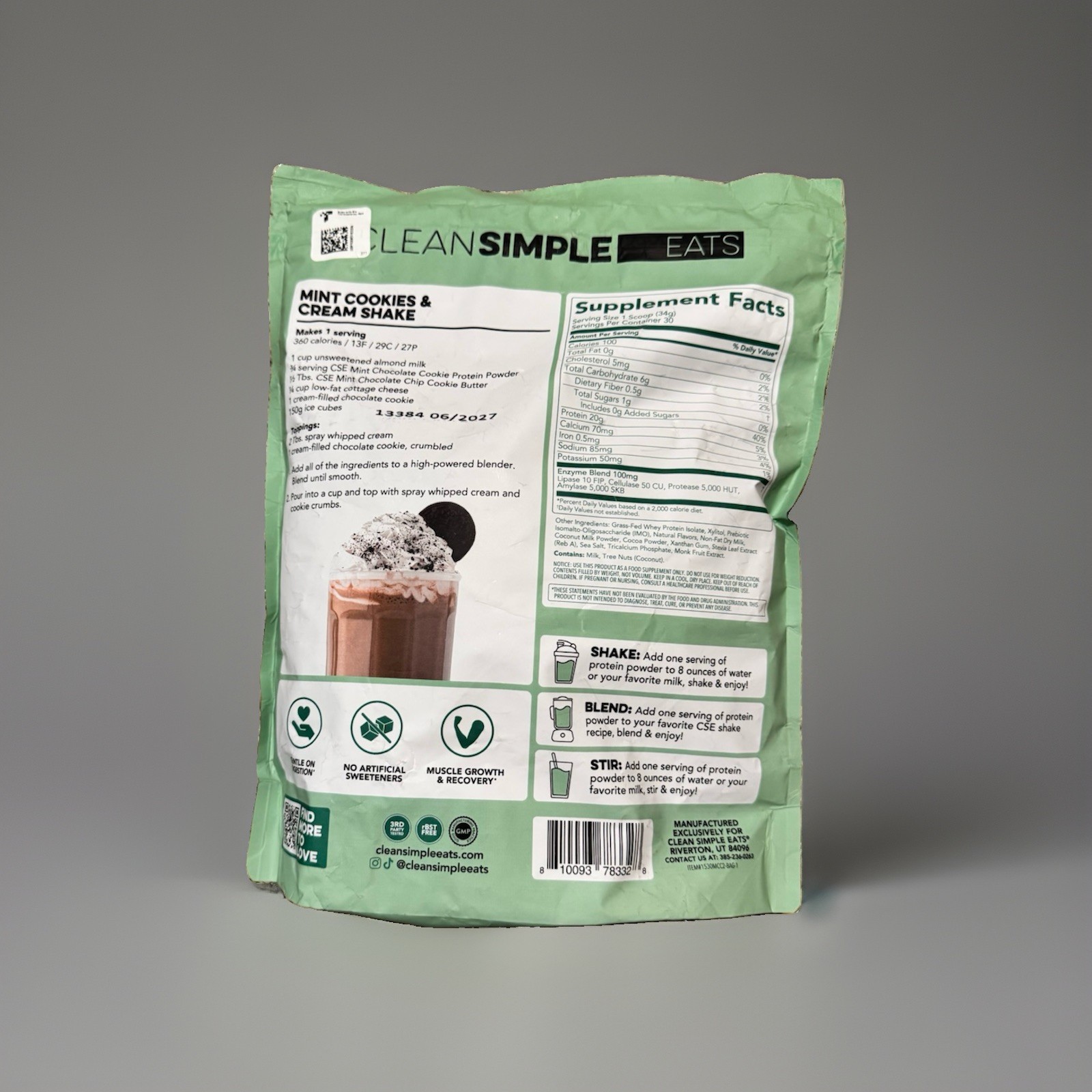 Clean Simple Eats Whey Protein Powder 20 Grams Protein 30 Srvs-Mint Chocolate