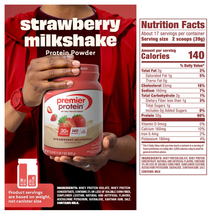 Premier Protein Whey Powder Strawberry Milkshake 1.7lb 30g Protein