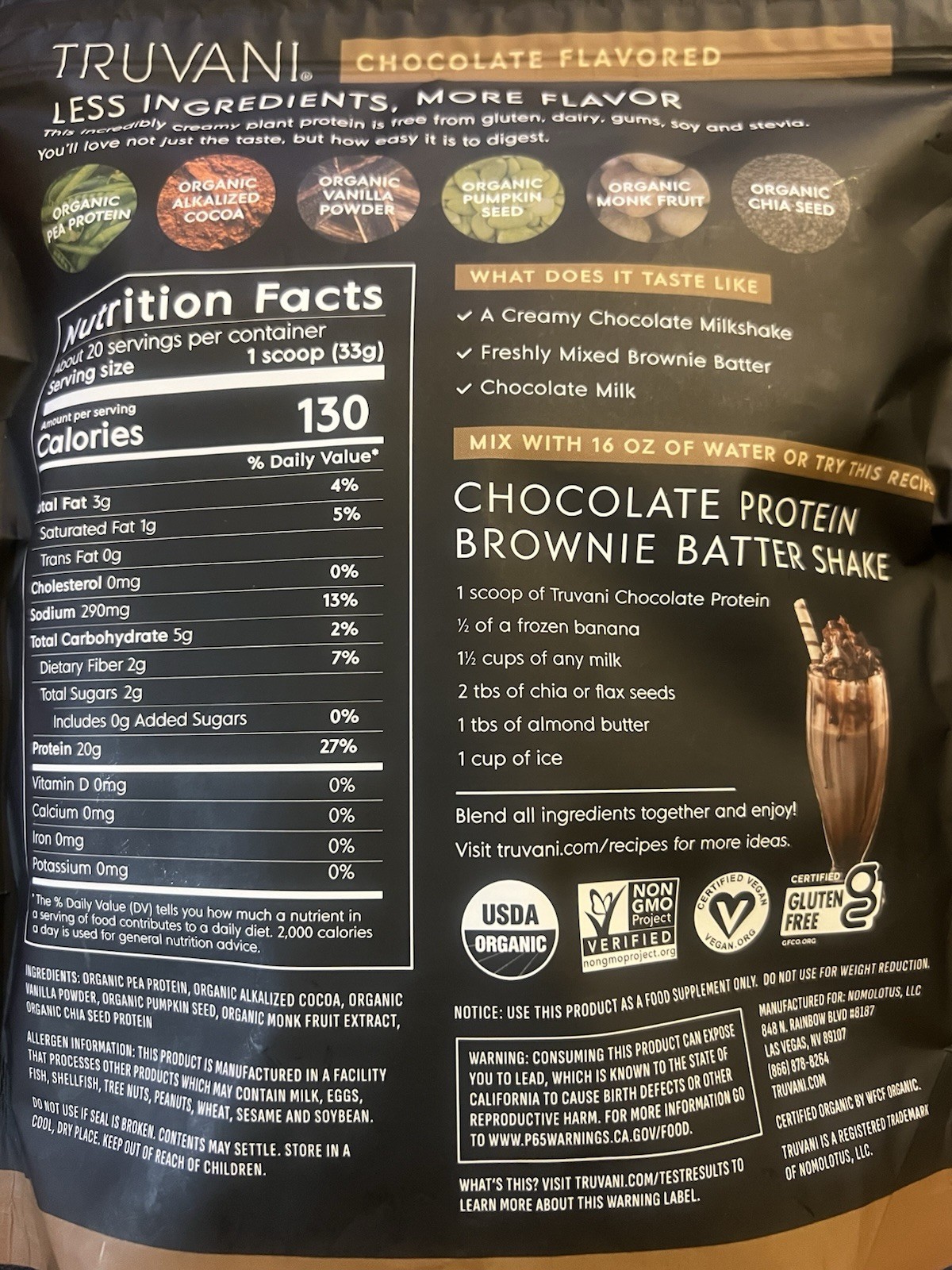 Truvani Plant Based ORGANIC Pea Protein- XL BAG 1.48LBS Chocolate EXP 02/2027