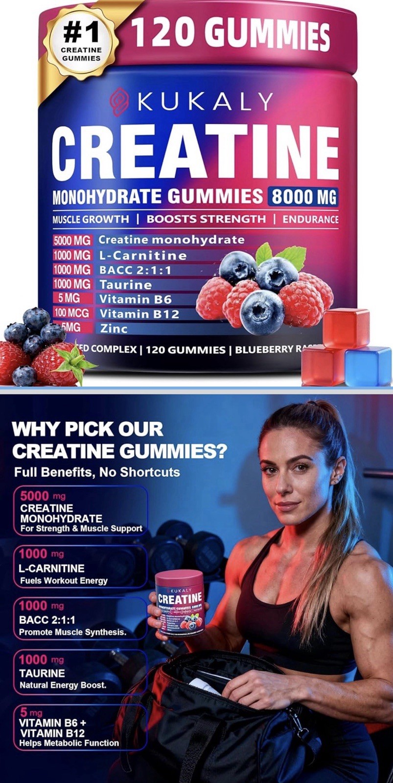 KUKALY Creatine Monohydrate Gummies 8000mg, 120 Count, Blueberry Raspberry