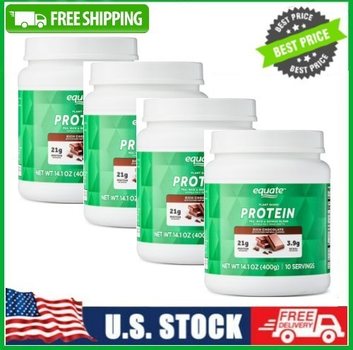 4 Pack Equate Plant-Based Protein Powder Supplement, Rich Chocolate, 14.1 oz Pk