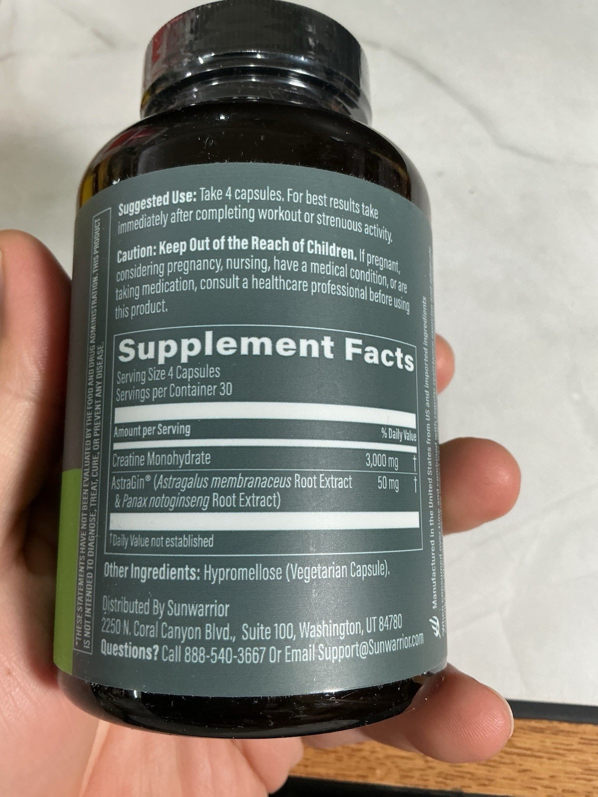 Sunwarrior Creatine Monohydrate Capsule Post Workout, 3,000mg 30 Serv. Ex: 1/27