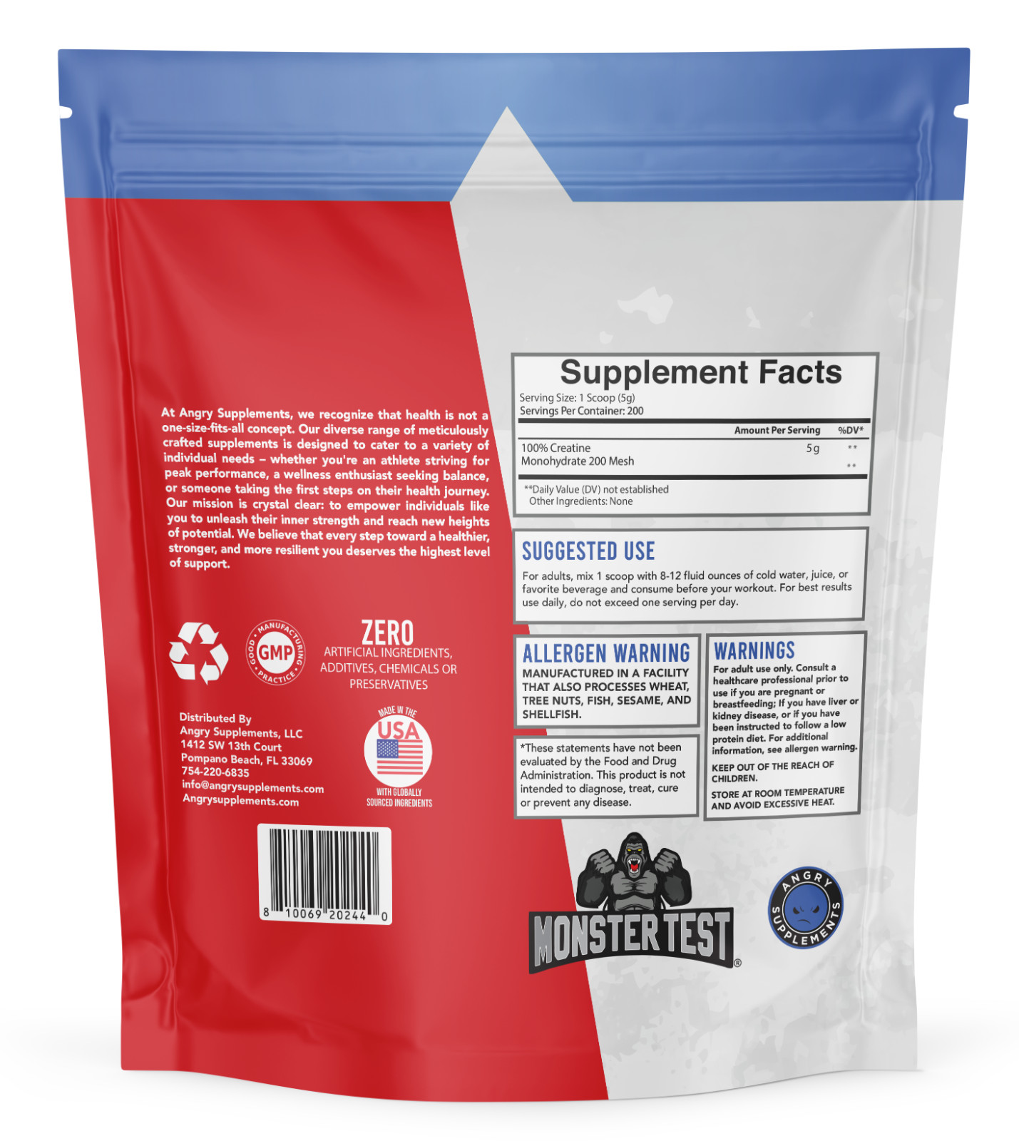 AS Creatine Monohydrate Powder 400 SERVINGS 5G Men Muscle Gain 2.2 LBS BAG 2PACK