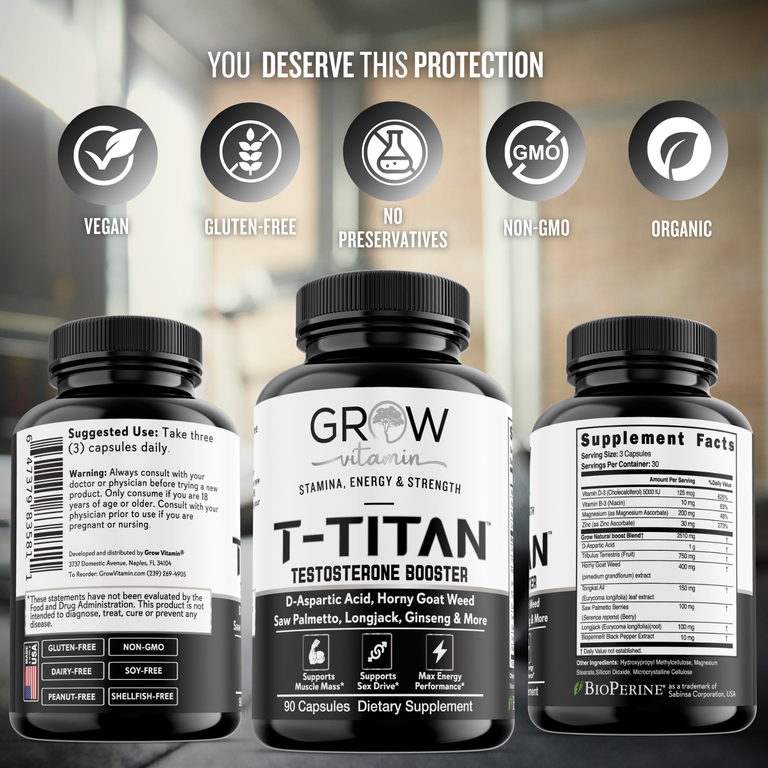 GROW T-TITAN Testo Booster + – Muscle Growth, Energy, Libido Capsules 90ct