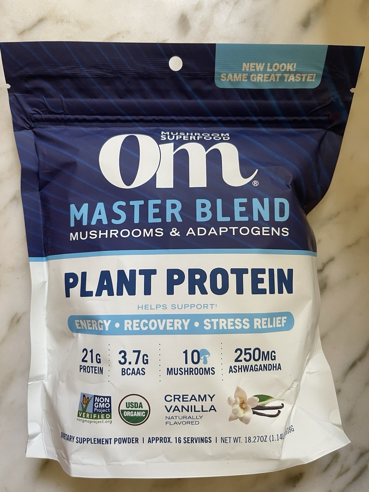 Om Plant Protein Mushrooms Adaptogens Creamy Vanilla Vegan GF 18.27oz AUGUST2026