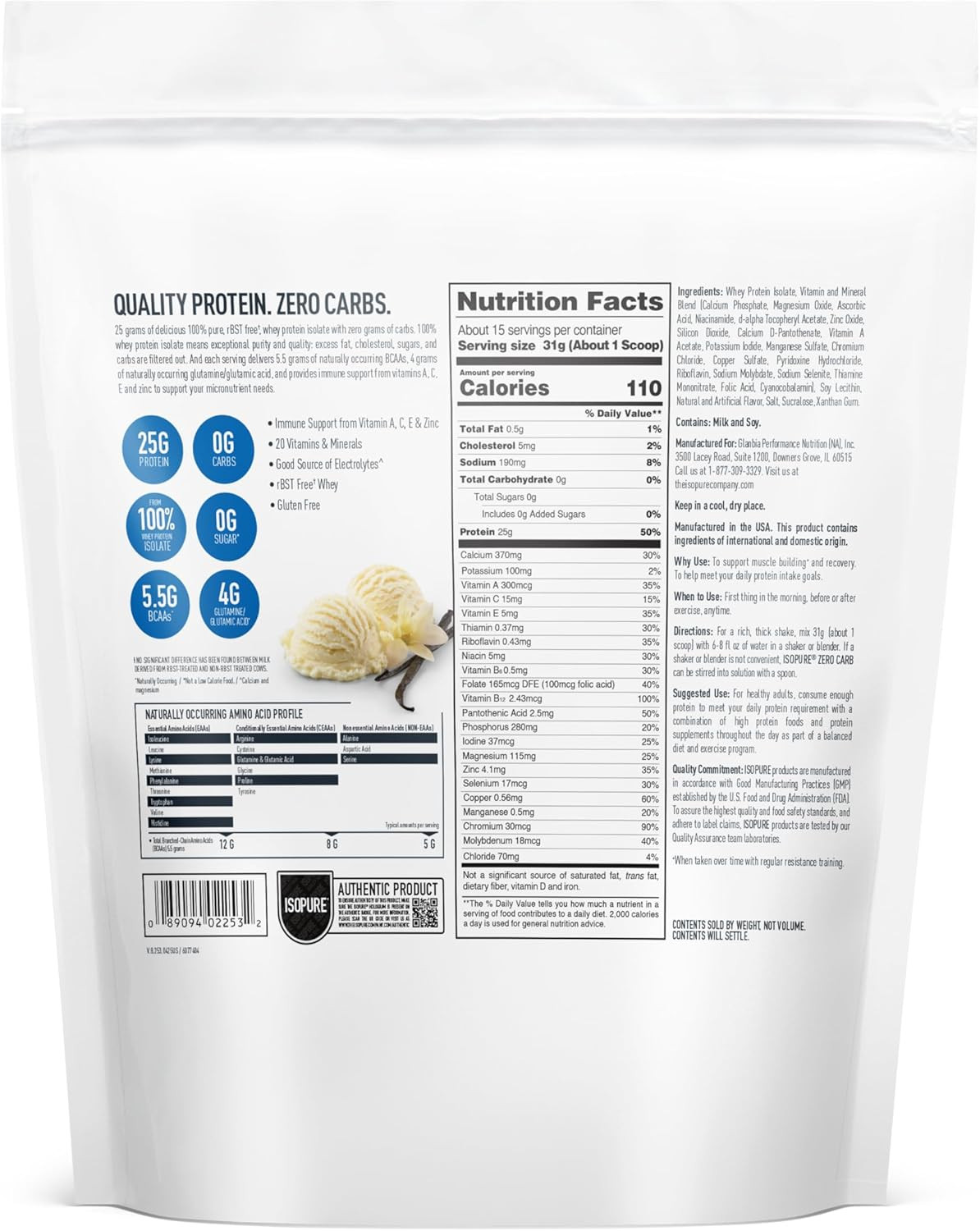 Zero Carb 100% Pure Whey Isolate Protein Powder, Lactose Free, Gluten Free, with