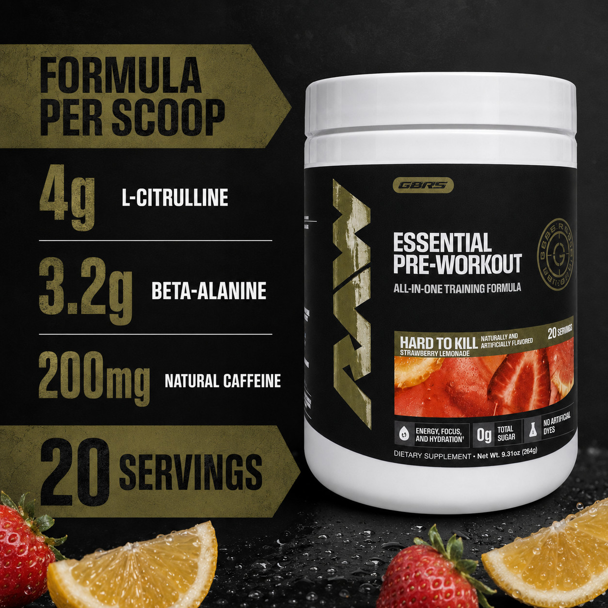 RAW x GBRS Essential Pre-Workout Hard to Kill Strawberry Lemonade Exp 06/2028