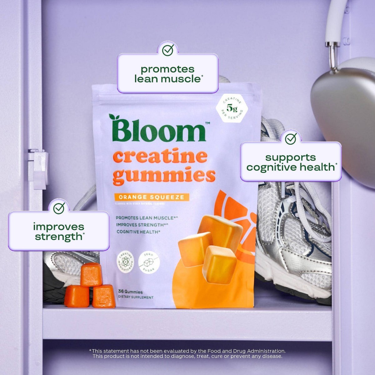 BLOOM NUTRITION Creatine Monohydrate Gummies – Orange Squeeze – 36ct/12 Servings