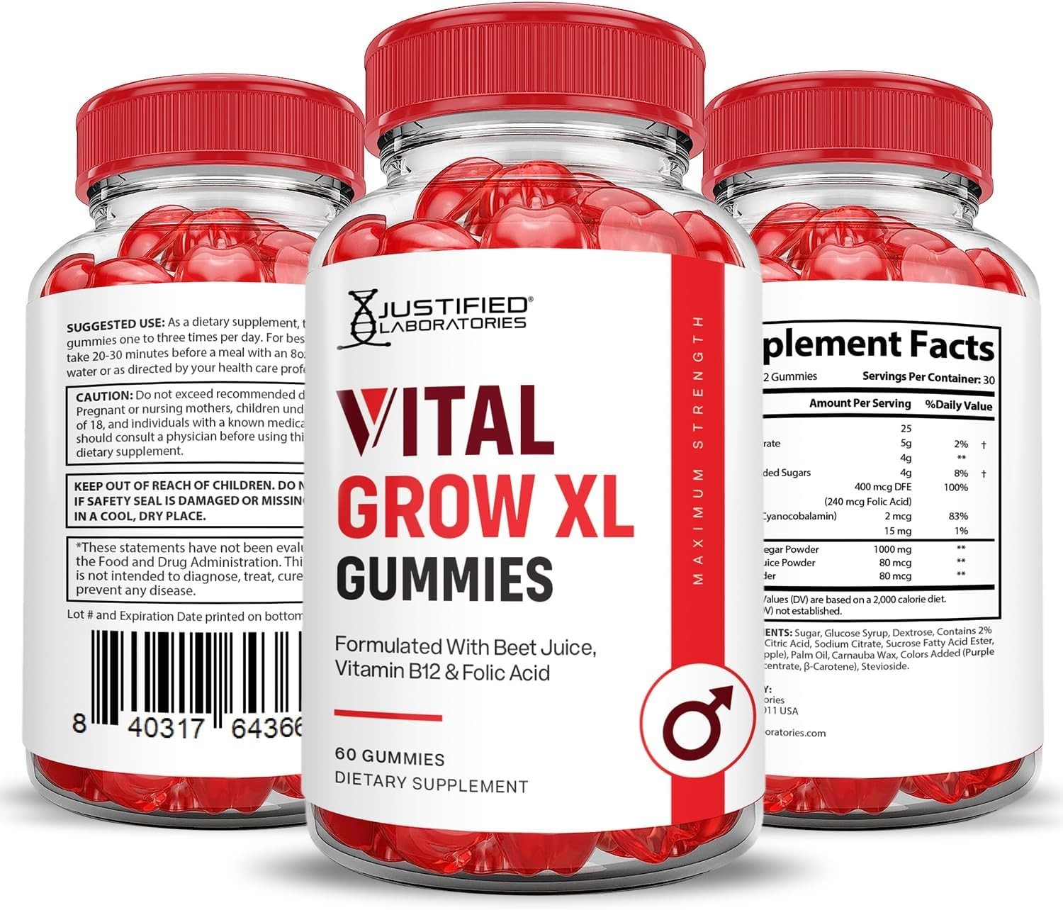 Justified Laboratories Vital Grow XL Gummies 1000mg ACV Folate B12 Non-GMO Vegan