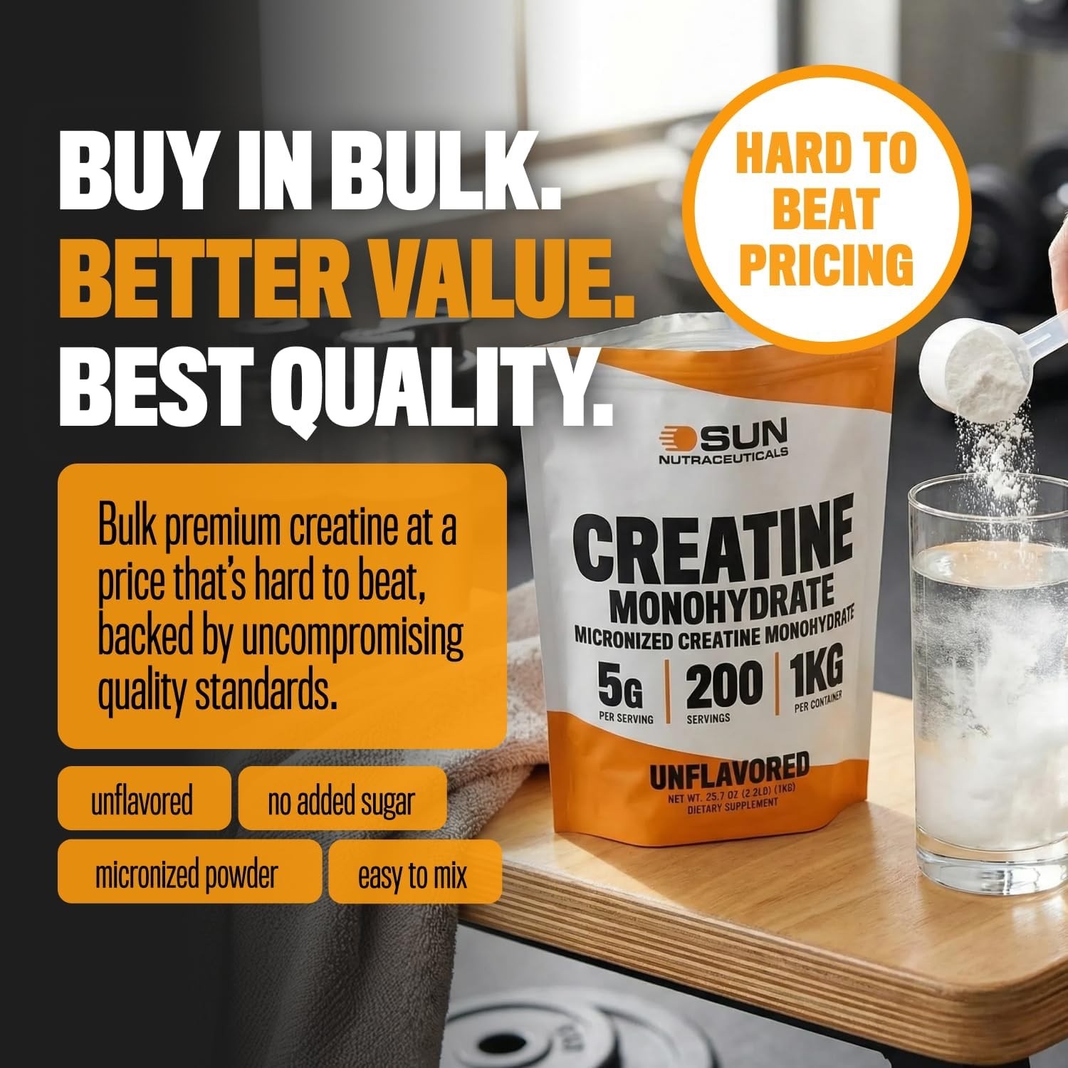 Micronized Creatine Monohydrate Powder 1kg 2.2lbs, 200 Servings Bulk Creatine