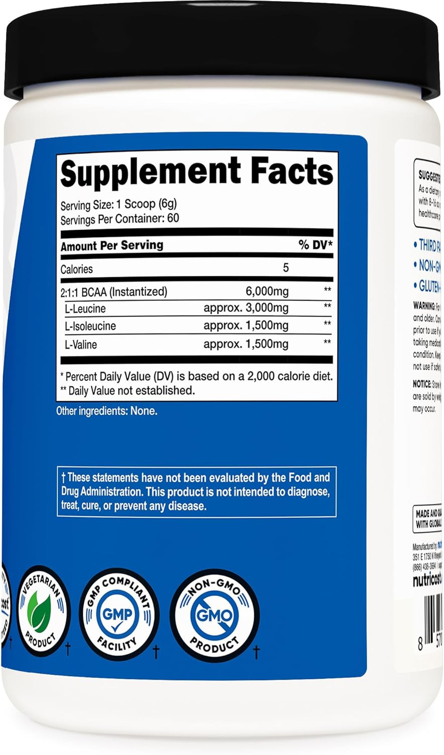 BCAA Powder 2:1:1 (Unflavored, 60 Servings) – Vegetarian, Non-Gmo, Gluten Free,