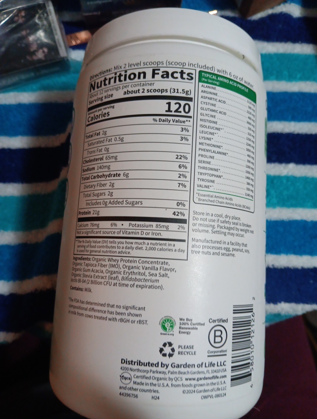 Garden of Life Organic Whey Protein, Grass-Fed, Vanilla, 13.33 oz (378 g)