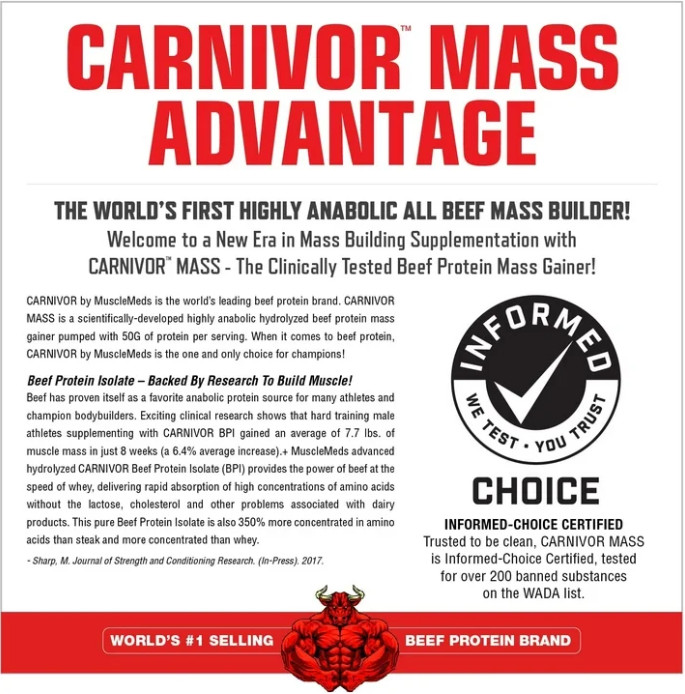 MuscleMeds Carnivor Mass Gainer, Strawberry, 6 lb, 50g Protein