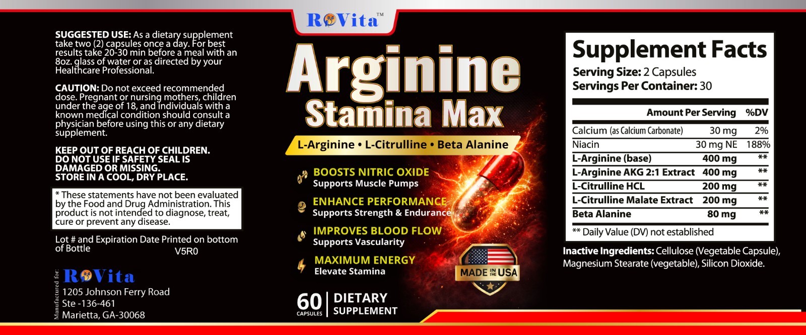 L-Arginine Capsules for Men Enhancement Pills for Men, Libido, Performance 60C