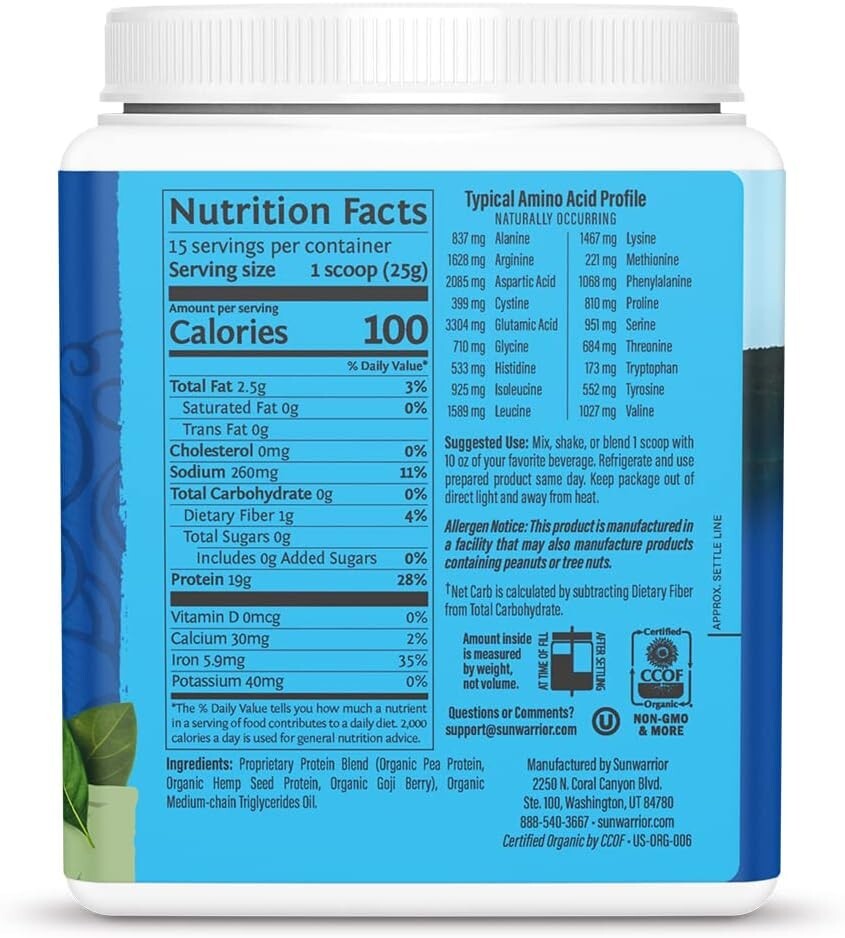 Sunwarrior Warrior Blend Organic Vegan Plant Protein Powder with BCAAs, 13.2 oz