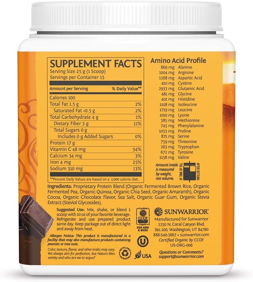 Sunwarrior Vegan Organic Protein Powder Plant-based 5 Superfood Quinoa Chia 375g