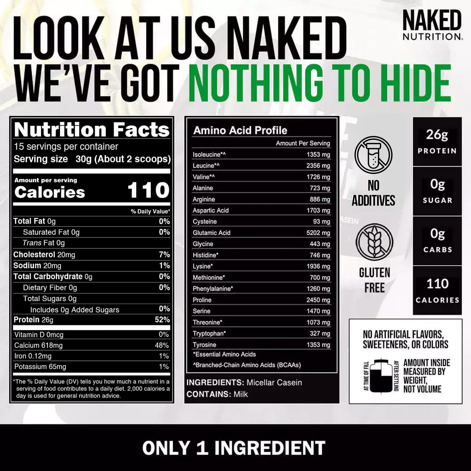 NAKED Casein – 1Lb Micellar Casein Protein – Bulk, Zero Carb, Gmo-Free, Gluten F
