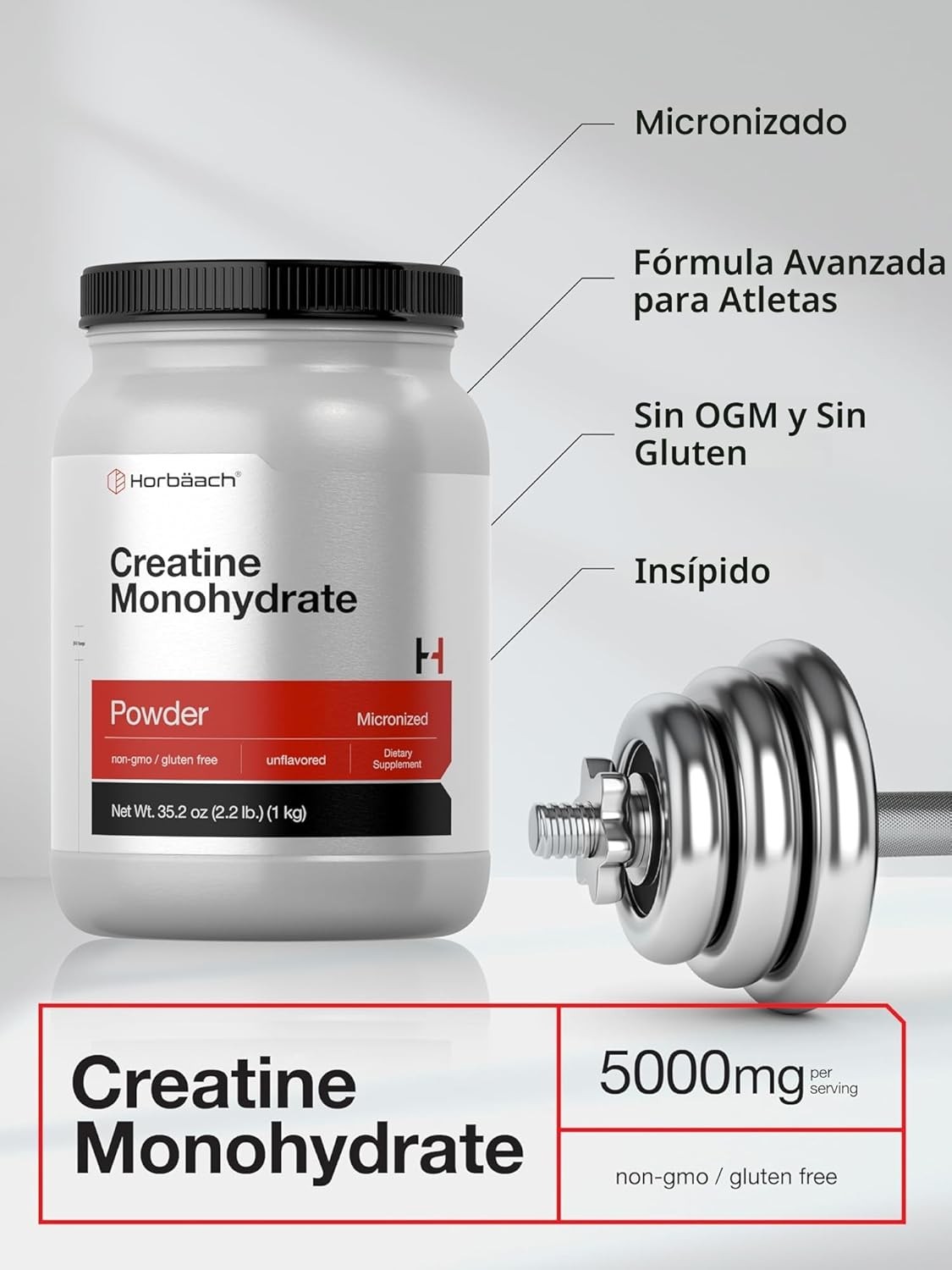 Horbäach Creatine Monohydrate Powder | 2.2lbs (35.2 oz) | Micronized and Unflavo