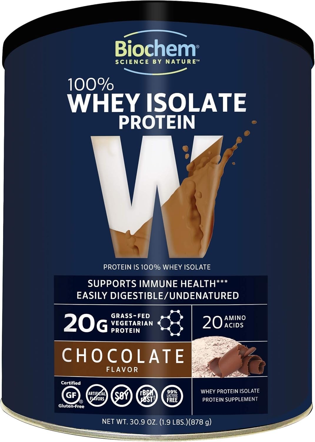 Biochem 100% Whey Protein Isolate – Grass Fed Chocolate 1.9 lbs (878 grams)