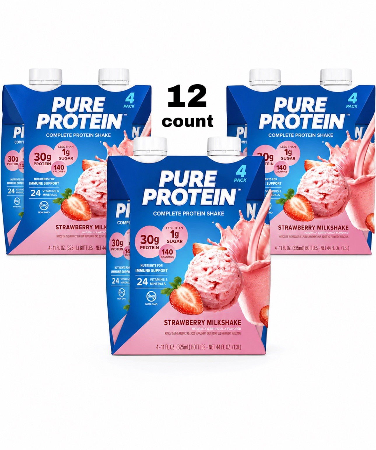 Pure Protein High Protein Low Sugar Shake Strawberry Milkshake 12ct 11oz