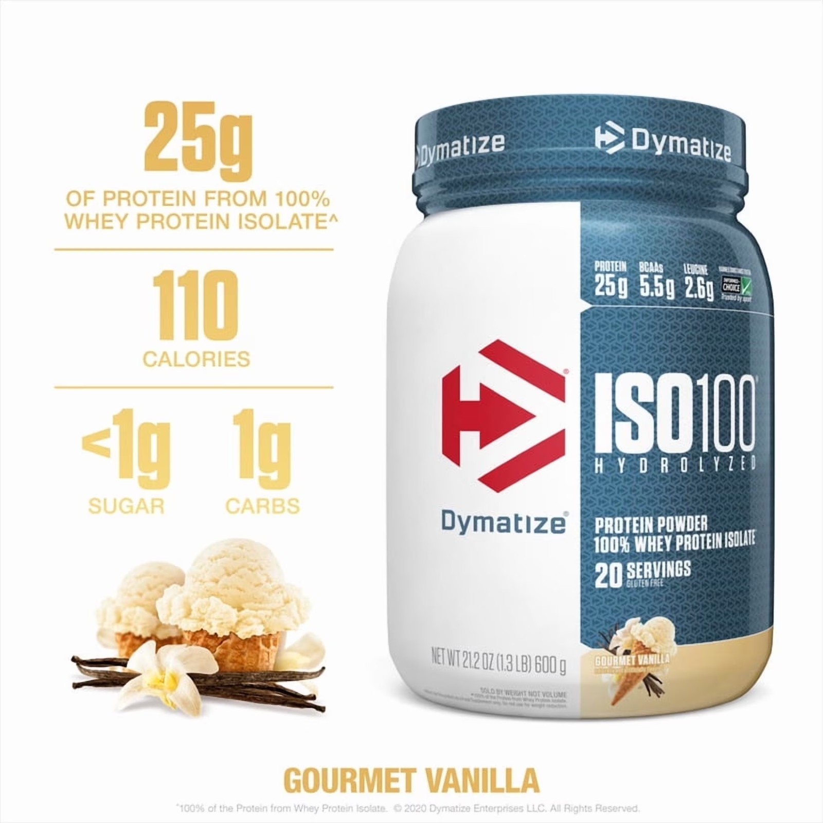 Dymatize ISO100 Hydrolyzed Whey Isolate Protein Powder, Gourmet Vanilla, 20 Serv