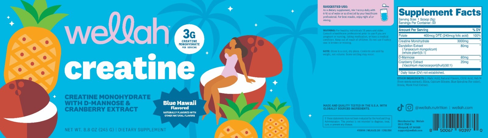 Wellah Creatine for Women (50 Servings) Blue Hawaii – 3g of Creatine Monohydrate