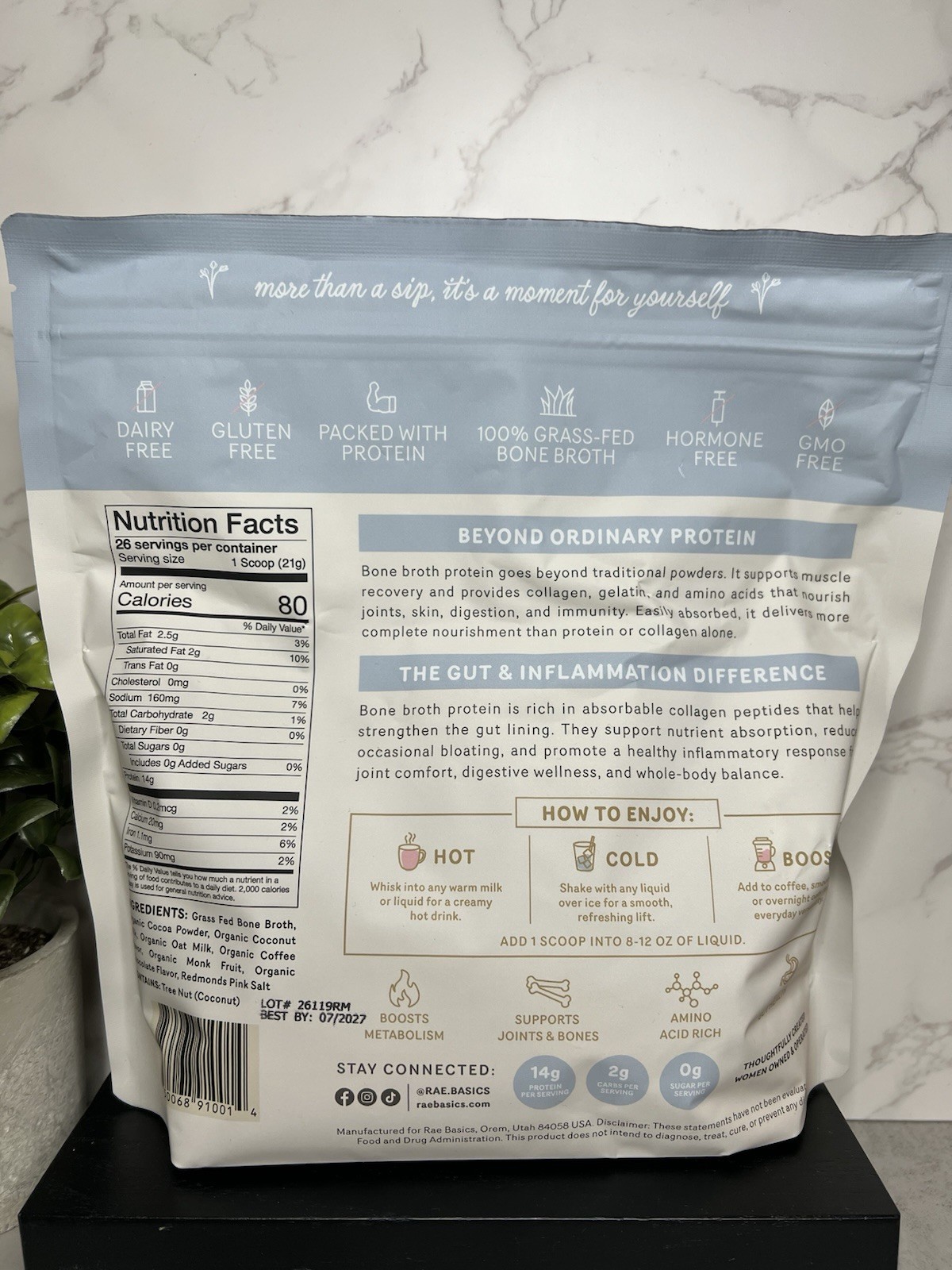 Rae Basics Bone Broth Protein Powder Mix Mocha 19.2oz 26 Serv Exp 07/27