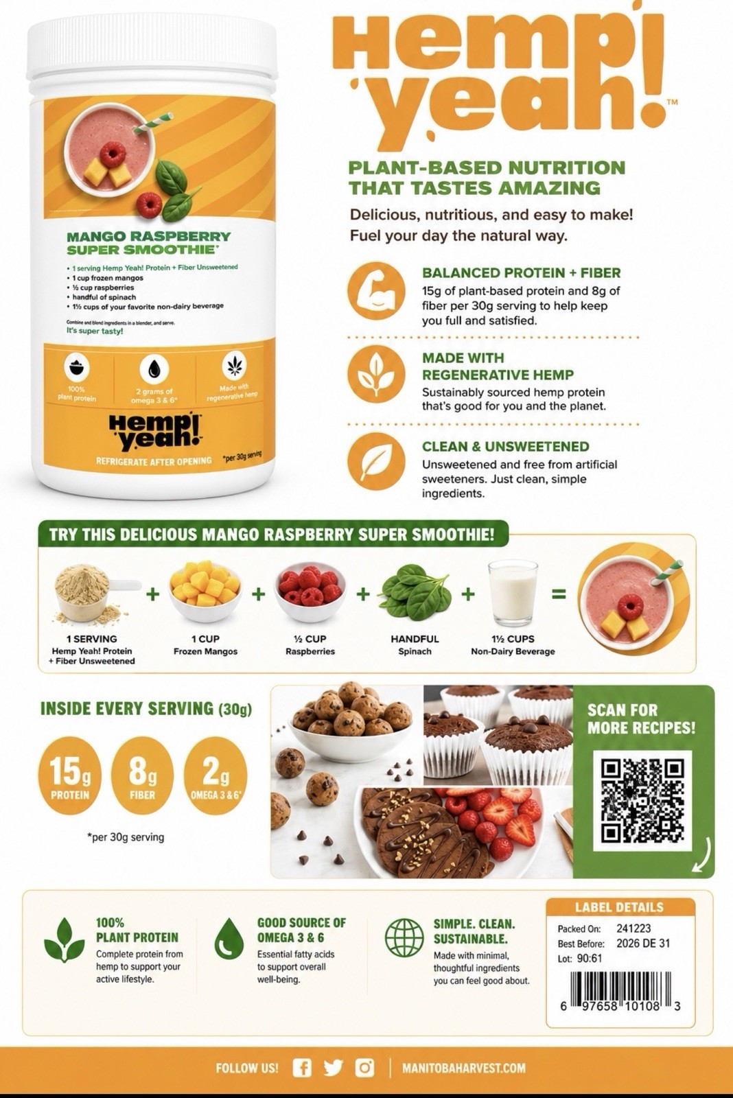 Manitoba Harvest Hemp Yeah! Hemp Protein Powder Unsweetened Non-GMO Vegan 16 oz