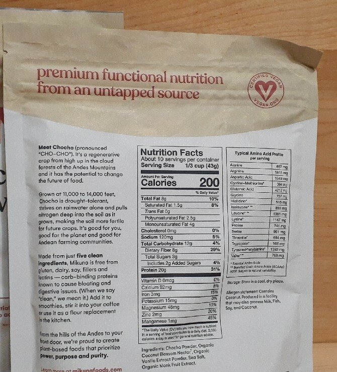 2 MIKUNA VANILLA CHOCHO PROTEIN POWDER Vegan Paleo Keto NO: gluten soy lecitin