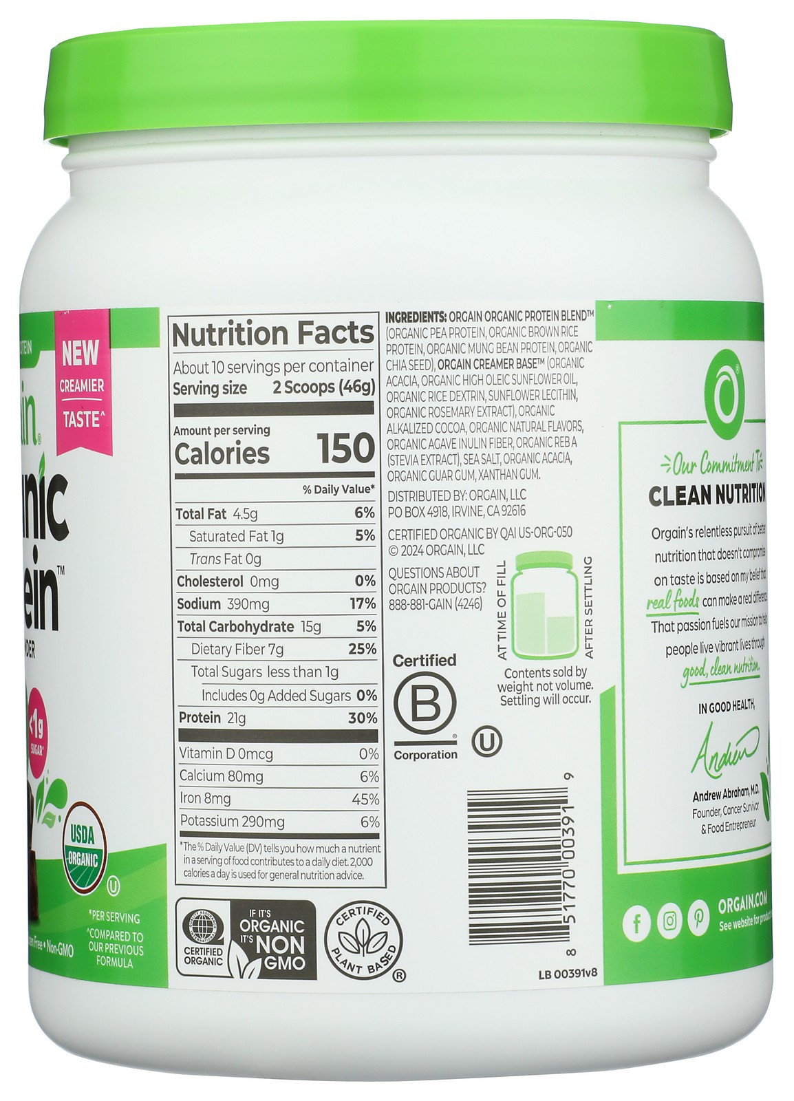 Organic Plant Based Protein Powder By Orgain Creamy Chocolate Fudge 1 Pack
