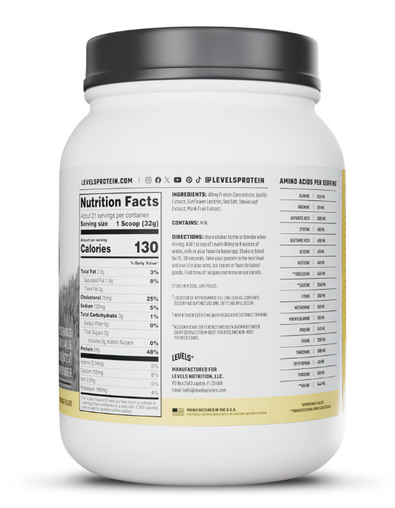 Levels Grass Fed Whey Protein Vanilla Bean 1.48lb 24g Protein
