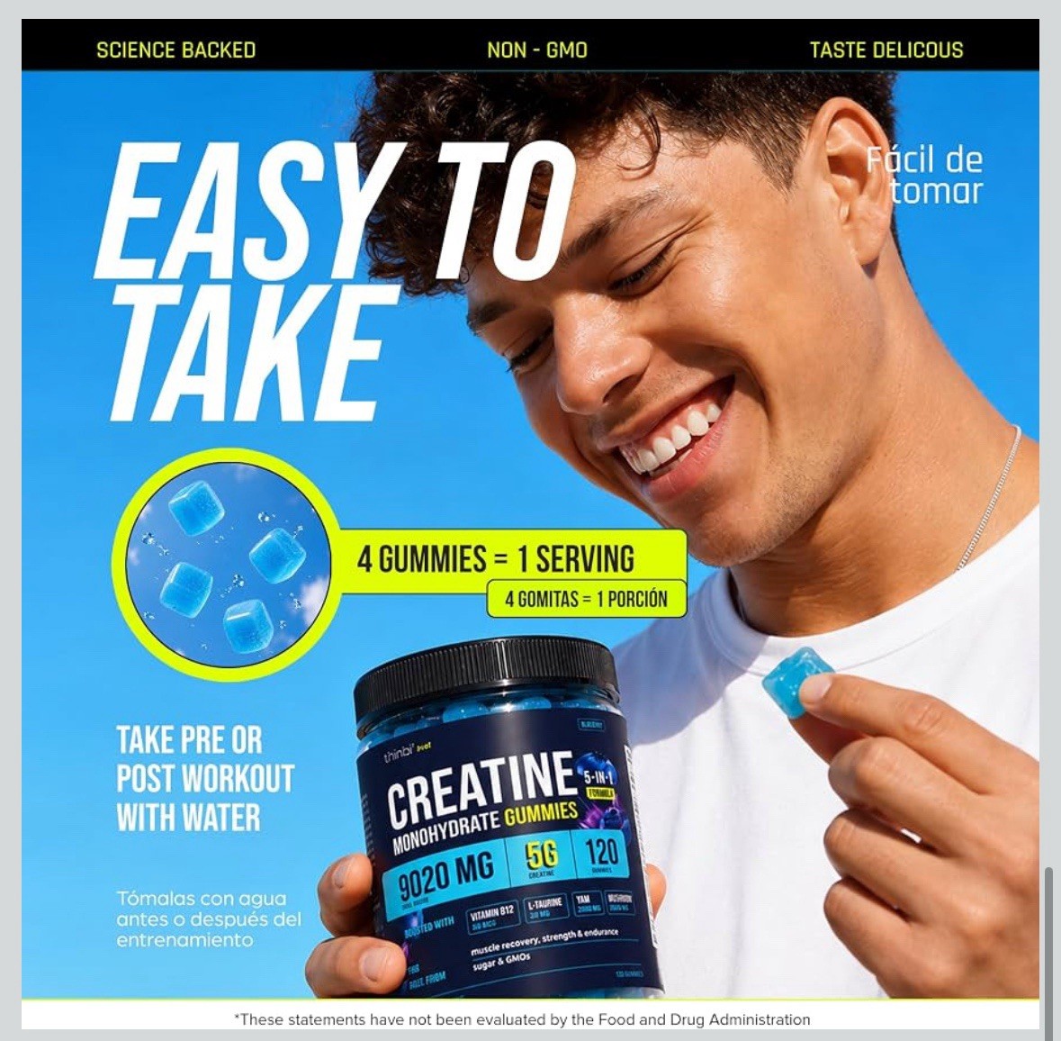 Thinbi Creatine Gummies 9020mg 5-in-1 5G Creatine Monohydrate B12 & L-Taurine