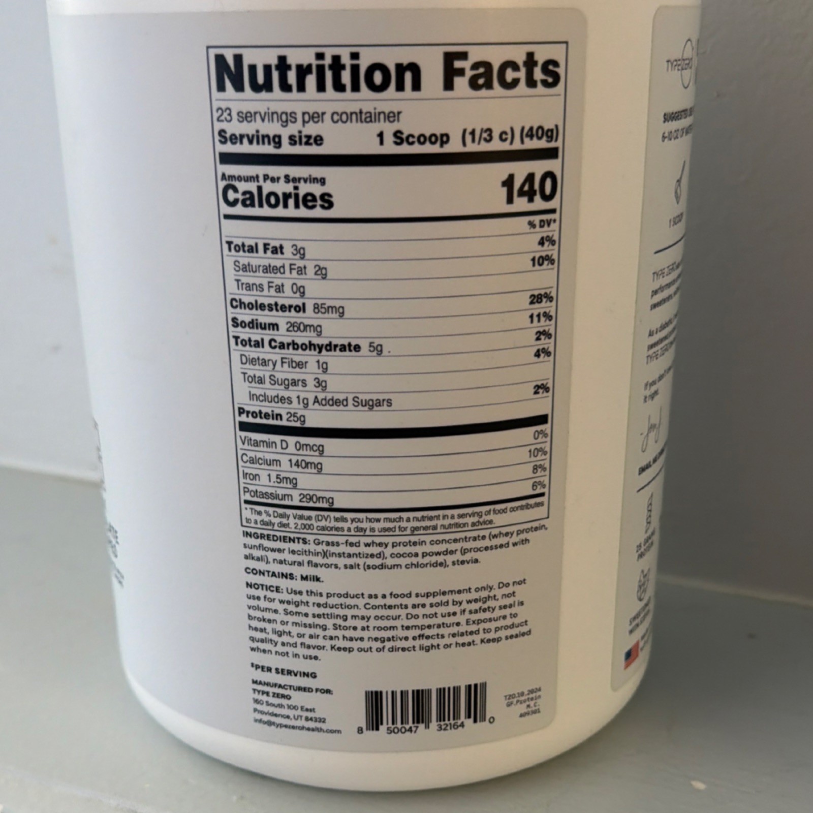 Type Zero Grass-Fed Whey Protein Powder 2lb Keto Friendly Stevia Gluten-Free 2LB
